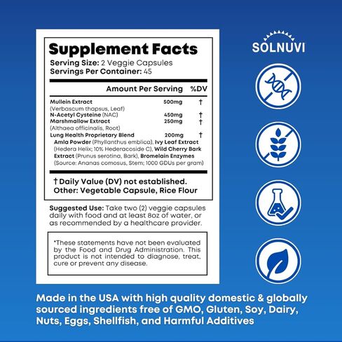 Mullein Leaf Extract & NAC Lung Detox Cleanse- N-Acetyl Cysteine, Marshmallow Root, Bromelain - Lung Health, Sinus, Mucus Removal Support Supplement for Smokers - 90 Capsules, Non-GMO, Gluten-Free in Kuwait