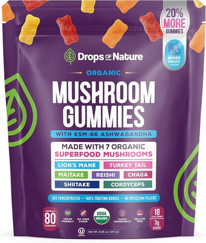 قطرات من طبيعة أسد الطبيعة وعلكة أشواغاندا - ذيل الديك الرومي، مايتاكي، ريشي، شاجا، شيتاكي، كورديسيبس - علكات عضوية منخفضة الكربوهيدرات فائقة الجودة - مزيج فطر 8 في 1 (فواكه مشكلة، 80 دببة حلوى) in Kuwait