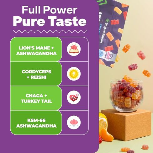 قطرات من طبيعة أسد الطبيعة وعلكة أشواغاندا - ذيل الديك الرومي، مايتاكي، ريشي، شاجا، شيتاكي، كورديسيبس - علكات عضوية منخفضة الكربوهيدرات فائقة الجودة - مزيج فطر 8 في 1 (فواكه مشكلة، 80 دببة حلوى) in Kuwait