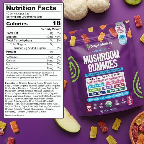 قطرات من طبيعة أسد الطبيعة وعلكة أشواغاندا - ذيل الديك الرومي، مايتاكي، ريشي، شاجا، شيتاكي، كورديسيبس - علكات عضوية منخفضة الكربوهيدرات فائقة الجودة - مزيج فطر 8 في 1 (فواكه مشكلة، 80 دببة حلوى) in Kuwait