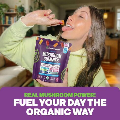 قطرات من طبيعة أسد الطبيعة وعلكة أشواغاندا - ذيل الديك الرومي، مايتاكي، ريشي، شاجا، شيتاكي، كورديسيبس - علكات عضوية منخفضة الكربوهيدرات فائقة الجودة - مزيج فطر 8 في 1 (فواكه مشكلة، 80 دببة حلوى) in Kuwait