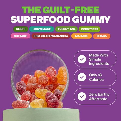 قطرات من طبيعة أسد الطبيعة وعلكة أشواغاندا - ذيل الديك الرومي، مايتاكي، ريشي، شاجا، شيتاكي، كورديسيبس - علكات عضوية منخفضة الكربوهيدرات فائقة الجودة - مزيج فطر 8 في 1 (فواكه مشكلة، 80 دببة حلوى) in Kuwait