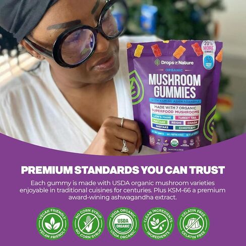 قطرات من طبيعة أسد الطبيعة وعلكة أشواغاندا - ذيل الديك الرومي، مايتاكي، ريشي، شاجا، شيتاكي، كورديسيبس - علكات عضوية منخفضة الكربوهيدرات فائقة الجودة - مزيج فطر 8 في 1 (فواكه مشكلة، 80 دببة حلوى) in Kuwait