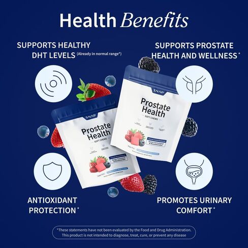 مكملات Snap Supplements لصحة البروستاتا للرجال مع ستيرول نباتي، وجذر نبات القراص اللاذع وفطر الريشي - يدعم صحة البروستاتا والمسالك البولية، 60 قطعة مضغ ناعمة خالية من السكر، توت الرمان in Kuwait