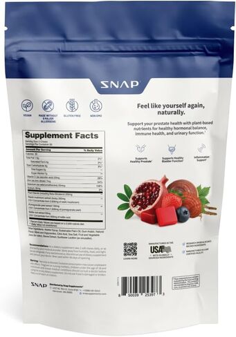 مكملات Snap Supplements لصحة البروستاتا للرجال مع ستيرول نباتي، وجذر نبات القراص اللاذع وفطر الريشي - يدعم صحة البروستاتا والمسالك البولية، 60 قطعة مضغ ناعمة خالية من السكر، توت الرمان in Kuwait