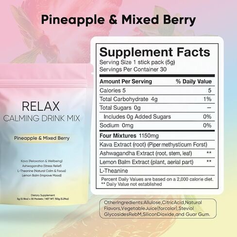 Relax Calming Drink, Natural Calm Powder Drink with L-Theanine, Ashwagandha and Kava, Sugar Free Calm Supplement for Relax & Natural Relieve Stress, Non GMO, Pineapple & Mixed Berry, 30 Packets (1) in Saudi Arabia