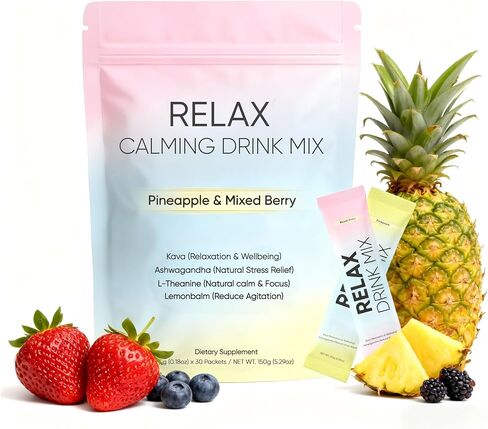 Relax Calming Drink, Natural Calm Powder Drink with L-Theanine, Ashwagandha and Kava, Sugar Free Calm Supplement for Relax & Natural Relieve Stress, Non GMO, Pineapple & Mixed Berry, 30 Packets (1) in Saudi Arabia