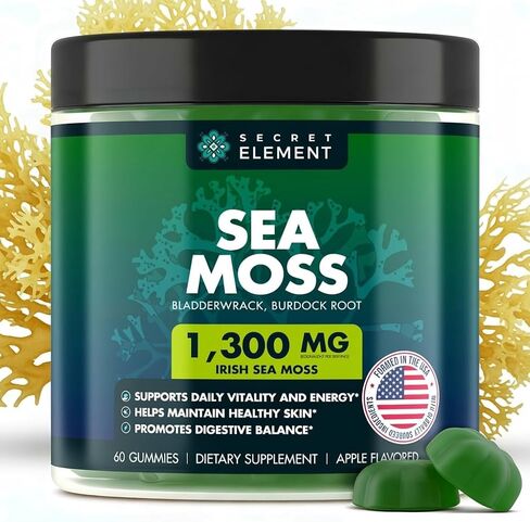Secret Element Sea Moss Gummies 1300MG for Women and Men, Irish Sea Moss with Bladderwrack & Burdock Root, Vegan Sea Moss Gummies, Sugar Free, Non-GMO, Apple Flavor, 60 Gummies in Kuwait