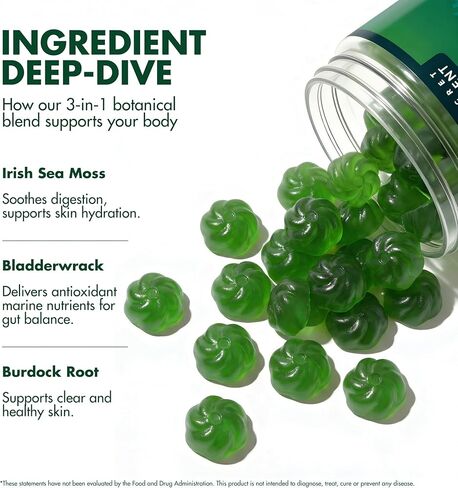 Secret Element Sea Moss Gummies 1300MG for Women and Men, Irish Sea Moss with Bladderwrack & Burdock Root, Vegan Sea Moss Gummies, Sugar Free, Non-GMO, Apple Flavor, 60 Gummies in Kuwait