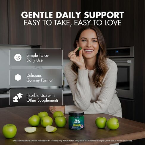 Secret Element Sea Moss Gummies 1300MG for Women and Men, Irish Sea Moss with Bladderwrack & Burdock Root, Vegan Sea Moss Gummies, Sugar Free, Non-GMO, Apple Flavor, 60 Gummies in Kuwait