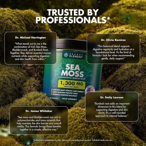 Secret Element Sea Moss Gummies 1300MG for Women and Men, Irish Sea Moss with Bladderwrack & Burdock Root, Vegan Sea Moss Gummies, Sugar Free, Non-GMO, Apple Flavor, 60 Gummies in Kuwait