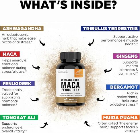 جذر الماكا ساندو، الحلبة مع اشواغاندا إل-أرجينين، الجينسنغ ومويرا بواما | مكمل عشبي للرجال والنساء | 60 كبسولة (عبوة من 1) in Kuwait