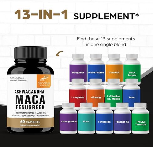جذر الماكا ساندو، الحلبة مع اشواغاندا إل-أرجينين، الجينسنغ ومويرا بواما | مكمل عشبي للرجال والنساء | 60 كبسولة (عبوة من 1) in Kuwait