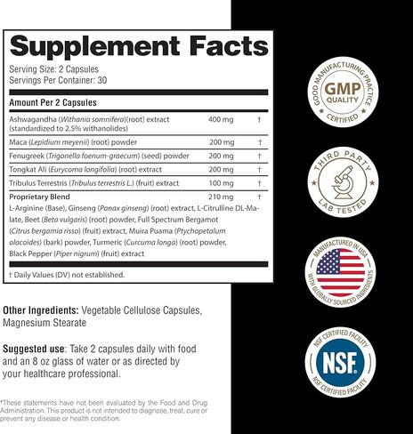 جذر الماكا ساندو، الحلبة مع اشواغاندا إل-أرجينين، الجينسنغ ومويرا بواما | مكمل عشبي للرجال والنساء | 60 كبسولة (عبوة من 1) in Kuwait