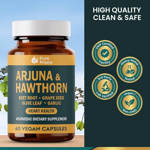 مكمل صحة القلب برانا الأيورفيدا النقي - لحاء الأرجونا والزعرور مع مرافق الإنزيم Q10، وجذور البنجر وبذور العنب لدعم القلب والأوعية الدموية وضغط الدم - كبسولات نباتية - غير معدلة وراثيًا، وخالية من الغلوتين in Kuwait