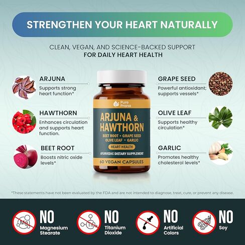 مكمل صحة القلب برانا الأيورفيدا النقي - لحاء الأرجونا والزعرور مع مرافق الإنزيم Q10، وجذور البنجر وبذور العنب لدعم القلب والأوعية الدموية وضغط الدم - كبسولات نباتية - غير معدلة وراثيًا، وخالية من الغلوتين in Kuwait