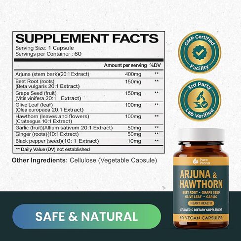 مكمل صحة القلب برانا الأيورفيدا النقي - لحاء الأرجونا والزعرور مع مرافق الإنزيم Q10، وجذور البنجر وبذور العنب لدعم القلب والأوعية الدموية وضغط الدم - كبسولات نباتية - غير معدلة وراثيًا، وخالية من الغلوتين in Kuwait