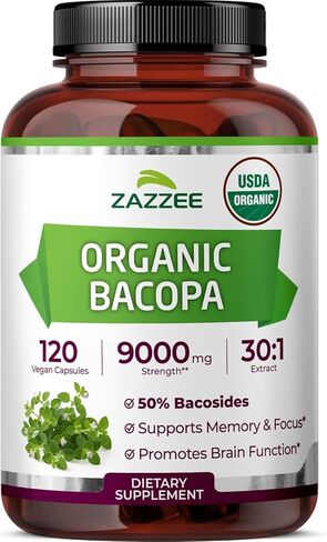 Zazzee USDA Organic Bacopa 30:1 Extract, 50% Bacosides, 120 Vegan Capsules, 4 Month Supply, Bacopa Monnieri, Cognitive, Brain & Memory Support, Non-GMO, Organic Herbal Supplement, Made in the USA in Saudi Arabia