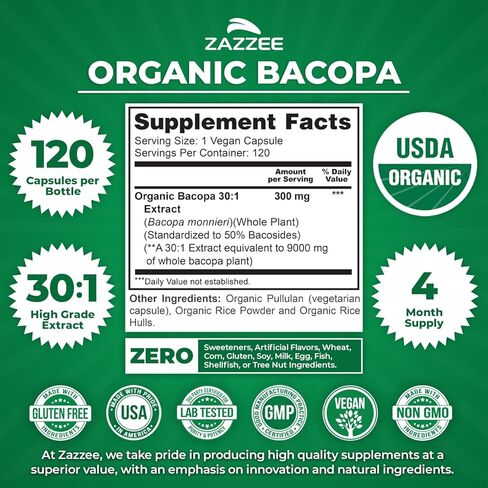Zazzee USDA Organic Bacopa 30:1 Extract, 50% Bacosides, 120 Vegan Capsules, 4 Month Supply, Bacopa Monnieri, Cognitive, Brain & Memory Support, Non-GMO, Organic Herbal Supplement, Made in the USA in Saudi Arabia