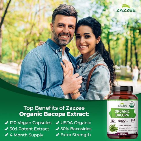 Zazzee USDA Organic Bacopa 30:1 Extract, 50% Bacosides, 120 Vegan Capsules, 4 Month Supply, Bacopa Monnieri, Cognitive, Brain & Memory Support, Non-GMO, Organic Herbal Supplement, Made in the USA in Saudi Arabia