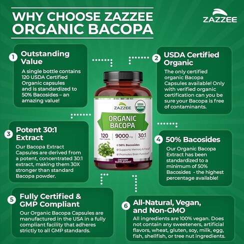 Zazzee USDA Organic Bacopa 30:1 Extract, 50% Bacosides, 120 Vegan Capsules, 4 Month Supply, Bacopa Monnieri, Cognitive, Brain & Memory Support, Non-GMO, Organic Herbal Supplement, Made in the USA in Saudi Arabia
