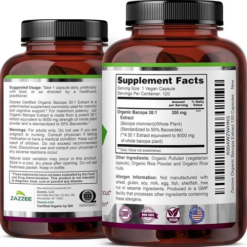 Zazzee USDA Organic Bacopa 30:1 Extract, 50% Bacosides, 120 Vegan Capsules, 4 Month Supply, Bacopa Monnieri, Cognitive, Brain & Memory Support, Non-GMO, Organic Herbal Supplement, Made in the USA in Saudi Arabia