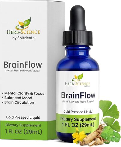 Herb-Science BrainFlow – دعم الدماغ والمزاج بالأعشاب | مكمل سائل يحتوي على الجنكة والجينسينج والغوتو كولا ونبتة سانت جون | التركيز والوضوح والمزاج والدورة الدموية | خالي من الكحول، 1 أونصة سائلة in Saudi Arabia