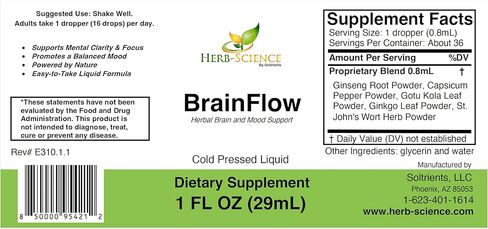 Herb-Science BrainFlow – دعم الدماغ والمزاج بالأعشاب | مكمل سائل يحتوي على الجنكة والجينسينج والغوتو كولا ونبتة سانت جون | التركيز والوضوح والمزاج والدورة الدموية | خالي من الكحول، 1 أونصة سائلة in Saudi Arabia