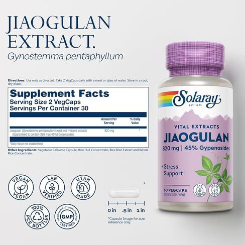 SOLARAY Jiaogulan Root and Rhizome Extract، Gynostemma Pentaphyllum Stress Support ومضادات الأكسدة - نباتي، تم التحقق منه معمليًا - ضمان استعادة الأموال لمدة 60 يومًا، 30 وجبة، 60 كبسولة نباتية in Saudi Arabia