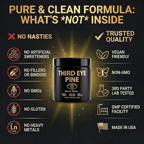 العين الثالثة مسحوق الصنوبر هاريتاكي، حبوب لقاح الصنوبر وأورموس أحادي الذرة من الذهب عيار 24 قيراط | وايلد هارفيست، جدار الخلية المكسور، غير معدل وراثيًا، نباتي | يدعم إزالة السموم وإزالة الكلس من الغدة الصنوبرية in Kuwait