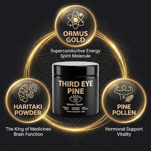 العين الثالثة مسحوق الصنوبر هاريتاكي، حبوب لقاح الصنوبر وأورموس أحادي الذرة من الذهب عيار 24 قيراط | وايلد هارفيست، جدار الخلية المكسور، غير معدل وراثيًا، نباتي | يدعم إزالة السموم وإزالة الكلس من الغدة الصنوبرية in Kuwait