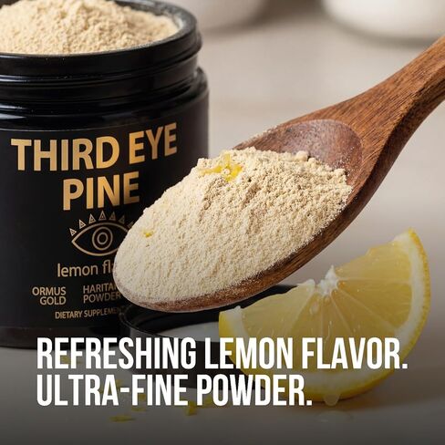 العين الثالثة مسحوق الصنوبر هاريتاكي، حبوب لقاح الصنوبر وأورموس أحادي الذرة من الذهب عيار 24 قيراط | وايلد هارفيست، جدار الخلية المكسور، غير معدل وراثيًا، نباتي | يدعم إزالة السموم وإزالة الكلس من الغدة الصنوبرية in Kuwait