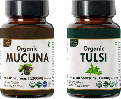 Mucuna & Tulsi Supplement – 120 Tablets Each – USDA Organic Ayurvedic Blend – Mucuna Pruriens & Holy Basil (Ocimum Sanctum) – Herbal Support for Natural Balance & Well-Being in Kuwait