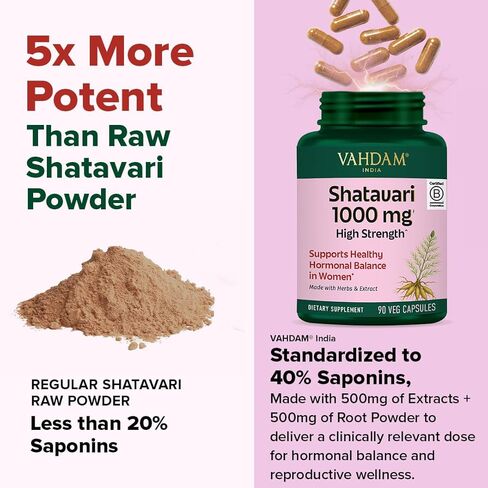 VAHDAM Shatavari Capsules 1000mg, Supports Healthy Hormonal Balance in Women, Herbal Supplement for Women, Vegan, Gluten-Free, 90 Capsules in Kuwait
