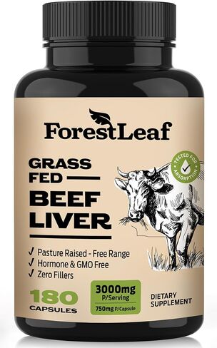 ForestLeaf Beef Organ Supplement - Grass Fed & Pasture Raised - Total Body Wellness & Performance, Organ Complex with 3000mg of Desiccated Beef Liver, Heart, Kidney, Pancreas, Spleen (180 Capsules) in Kuwait