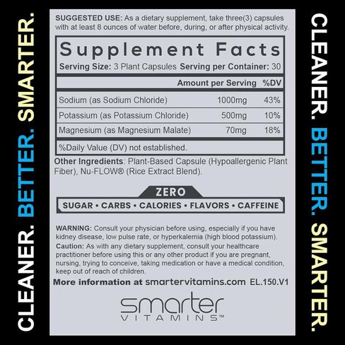 Smarter Electrolyte Capsules – Salt Pills with 1000mg Sodium, 500mg Potassium, 70mg Magnesium – Keto/Fasting & Workout Hydration Support – Zero Sugar – 30 Servings in Kuwait