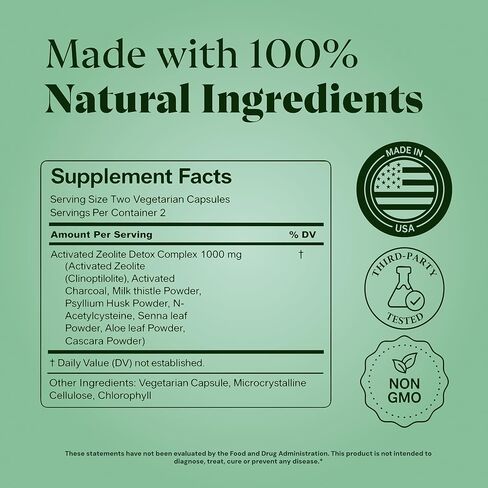 مكمل التخلص من السموم من الزيوليت من كلينوبتيلوليت - تنظيف الكبد من السموم وإصلاحه باستخدام الفحم المنشط، NAC وشوك الحليب - تطهير الجسم بالكامل من السموم، صحة الأمعاء والتخلص من السموم للبالغين - 60 كبسولة in Kuwait