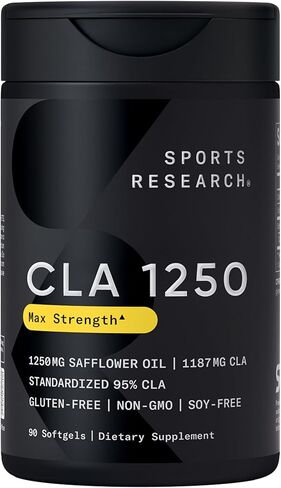 Sports Research CLA - 1250 مجم مع حمض اللينوليك النشط للرجال والنساء | غير معدل وراثيًا، خالي من الصويا والغلوتين - 95% (180 كبسولة هلامية)... in Saudi Arabia