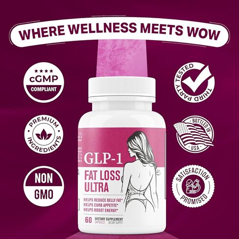 GLP-1 Fat Loss Ultra - حبوب إنقاص الوزن ومثبط الشهية وحارق الدهون للنساء | يدعم المسارات الصحية المرتبطة بنشاط GLP-1 | مكمل تم اختباره من قبل طرف ثالث - 60 كبسولة للبالغين in Kuwait