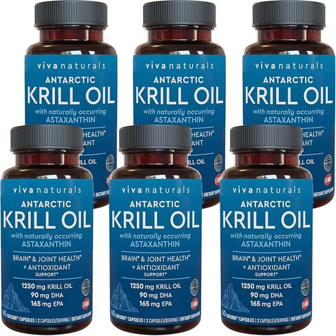 Viva Naturals Antarctic Krill Oil Omega 3 Supplements 1250 mg - DHA EPA Omega-3 & Astaxanthin Concentration for Joint Health, No Fish Burp - 60 Krill Oil Capsules in Kuwait