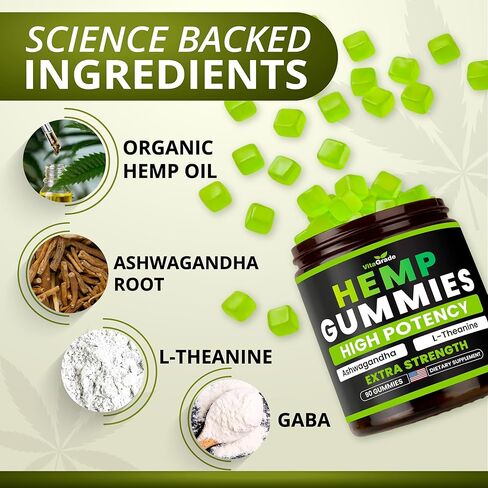 مضغ القنب - قوة إضافية للسلام والاسترخاء - مملوء بزيت القنب والأشواغاندا والثيانين - مكمل للاسترخاء اللذيذ - راحة طبيعية - 90 قيراط - تم تركيبه في الولايات المتحدة الأمريكية in Kuwait