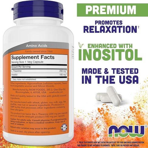 NOW Foods L-Theanine، قوة مزدوجة 200 مجم لكل غطاء - 180 كبسولة نباتية - معززة بـ 100 مجم إينوزيتول - نباتي، غير معدل وراثيًا - مكمل لثيانين 200 مجم in Saudi Arabia
