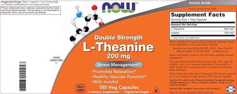 NOW Foods L-Theanine، قوة مزدوجة 200 مجم لكل غطاء - 180 كبسولة نباتية - معززة بـ 100 مجم إينوزيتول - نباتي، غير معدل وراثيًا - مكمل لثيانين 200 مجم in Saudi Arabia