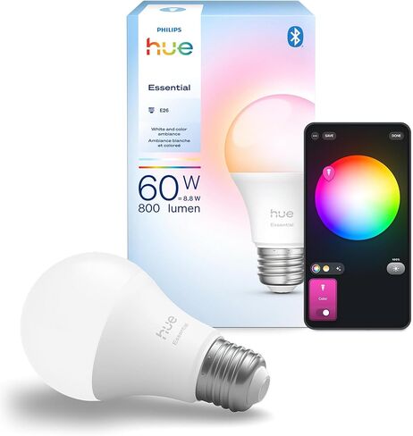 لمبة Philips Hue Essential Smart LED A19، أجواء بيضاء وألوان، قاعدة E26، 8.8 واط، 2200K-6500K، 800 لومن، قابلة للتعتيم، تعمل مع Alexa وGoogle وApple Home، 4 عبوات in Saudi Arabia
