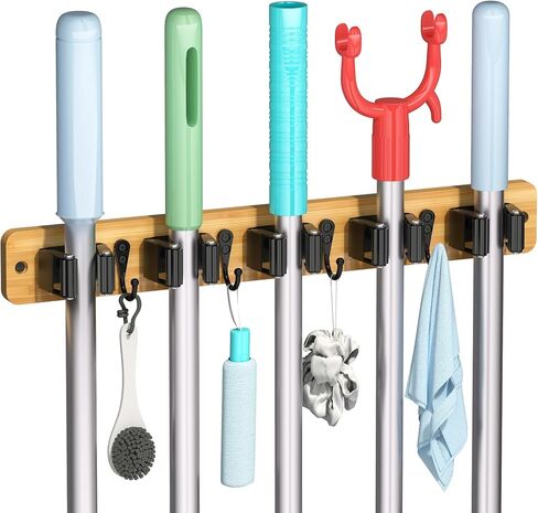 حامل مكنسة IMILLET مثبت على الحائط، شماعة مكنسة خشبية ريفية مع 5 رفوف و4 خطافات، تنظيم غرفة الغسيل والتخزين، حامل ممسحة لديكور المنزل، الحديقة، المرآب، المطبخ، الخزانة in Kuwait