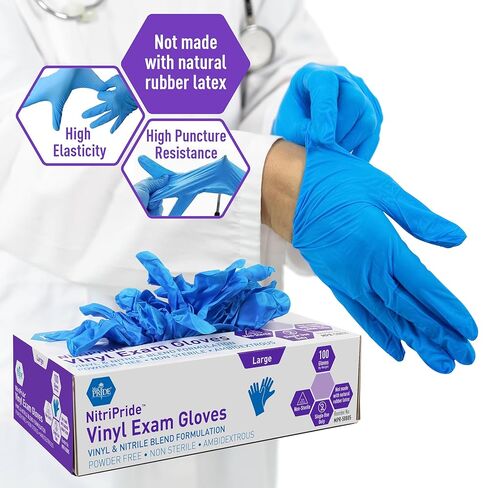 MED PRIDE Nitrile/Vinyl Blend Exam Gloves, Powder-Free, Latex-Free, Disposable, Non-Sterile, Blue, Large (Box of 100) in Kuwait