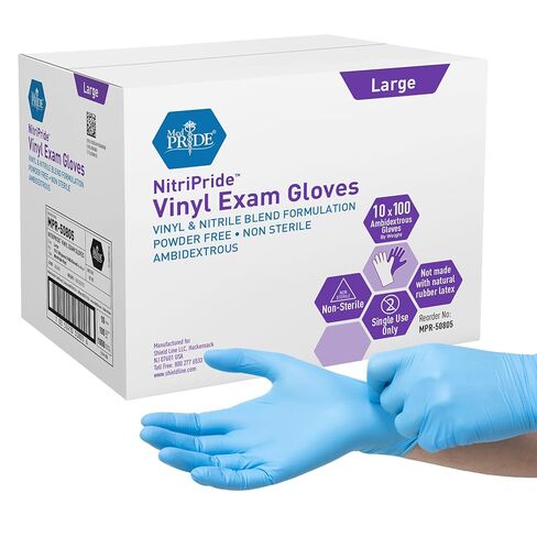 MED PRIDE Nitrile/Vinyl Blend Exam Gloves, Powder-Free, Latex-Free, Disposable, Non-Sterile, Blue, Large (Box of 100) in Kuwait