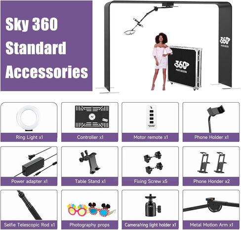 Harzhi Overhead 360 Photo Booth مع تطبيق التحكم في البرمجيات 360 درجة تدور كامل الجسم مع ضوء الحلقة للحفلات الكبيرة (كشك+ذراع) in Kuwait