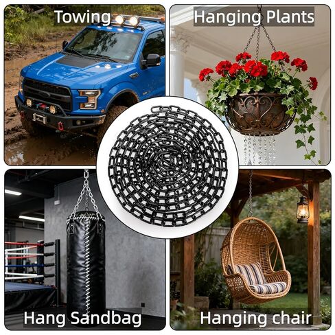 Long Black Chain Link 1/4" x 19.7 Ft, Heavy Duty Metal Porch Swing Chain for Hanging, Carbon Steel Coil Chains for Outdoor Fence, Punching Bag, Hammock Chair, Safe Working Load, Tie Down in Saudi Arabia