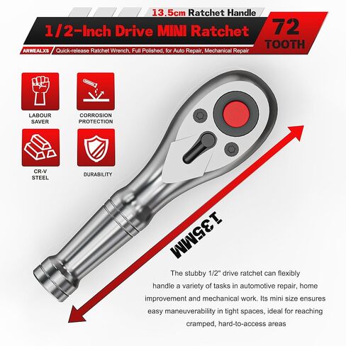 1/2-Inch Drive Stubby Ratchet, 13.5cm Ratchet Handle, 72-Tooth Quick-release Ratchet Wrench, Full Polished, for Auto Repair, Mechanical Repair in Kuwait